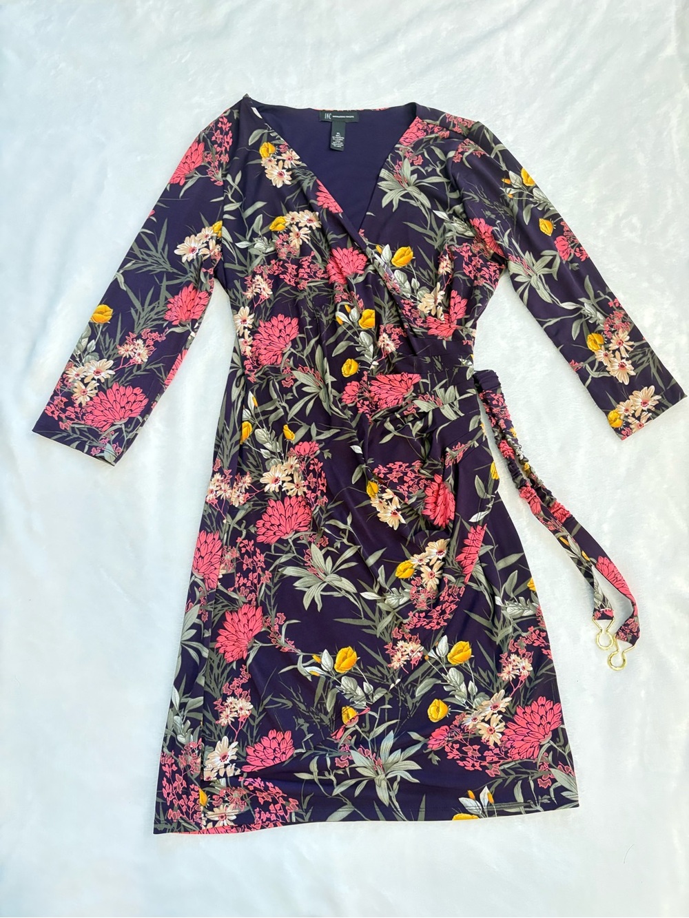 INC International Concepts Purple Floral Wrap Dress with Pink & Yellow Blooms
